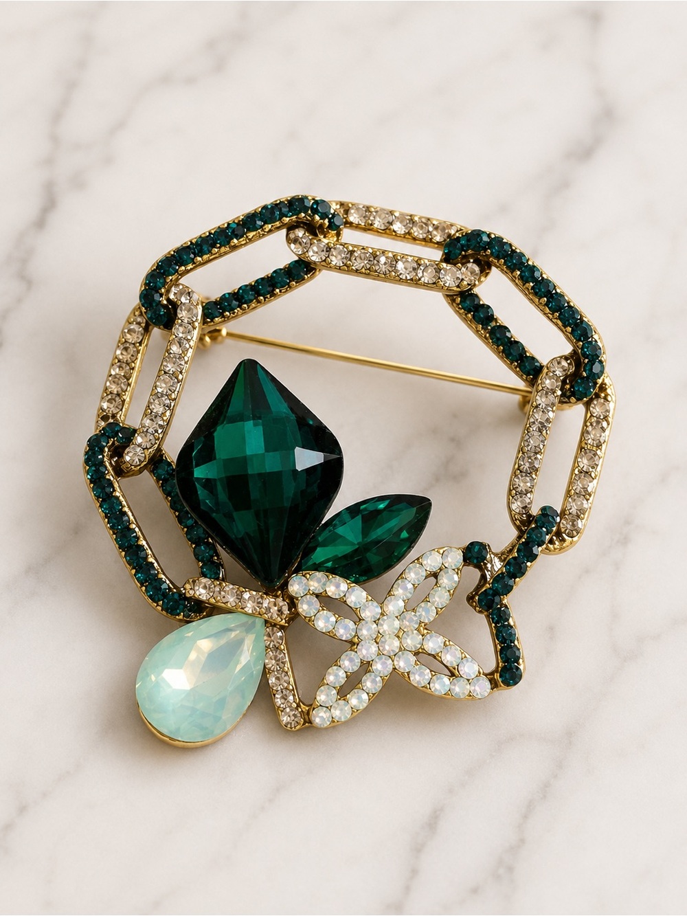 Gold-Tone Green Crystal Floral Brooch - Emerald & Mint Accents chain link